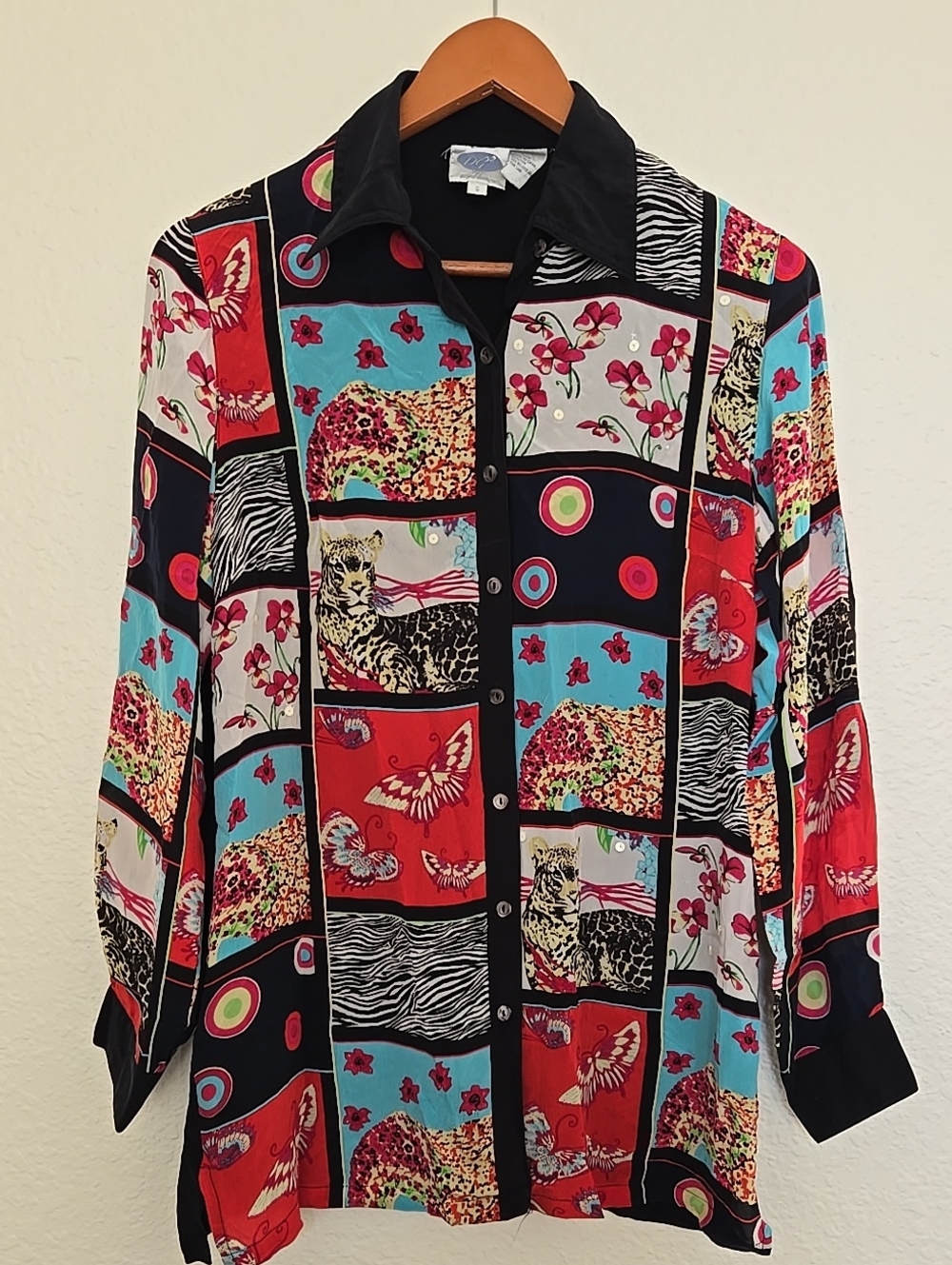 Diane Gilman Multicolor 100% Silk Button-Down Shirt with Black Collar